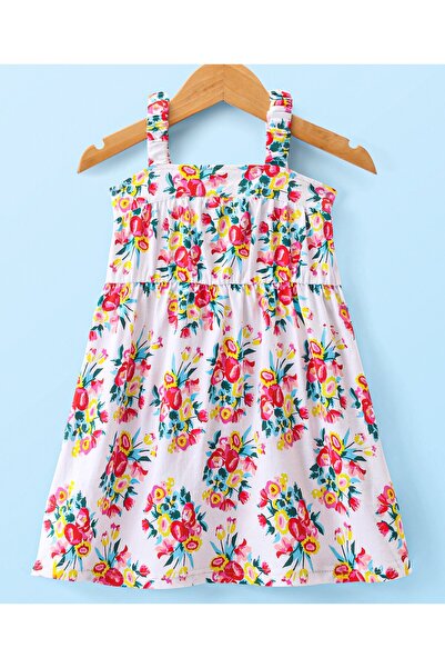 Babyhug Babyhug Cotton Knit Full Sleeves Jacket with Frock Floral Print - White