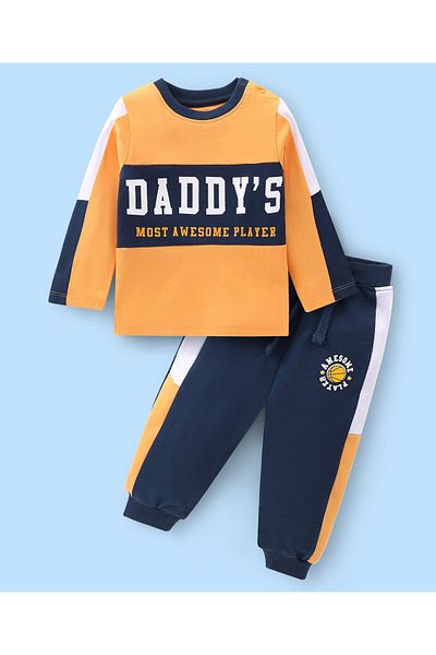 Babyhug Babyhug 100% Cotton Knit Full Sleeves Text Printed T-Shirt with Lounge Pant - Yellow & Blue