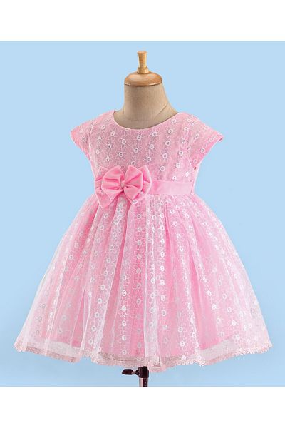 Babyhug Babyhug Woven Half Sleeves Party Frock With Floral Embroidery & Bow Applique - Pink