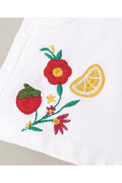 Bonfino Bonfino Cotton Elastane Denim Shorts With Paper Bag Ruffles & Floral Embroidery - White