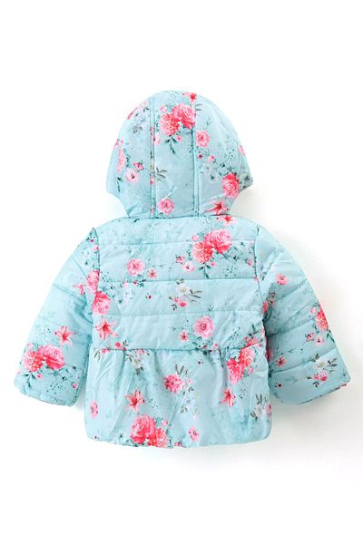 Babyhug Babyhug Full Sleeves Hooded Jacket with Floral Design - Aqua Blue