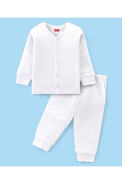 Babyhug Babyhug Full Sleeves Solid Thermal Vest & Pant Set - Off White