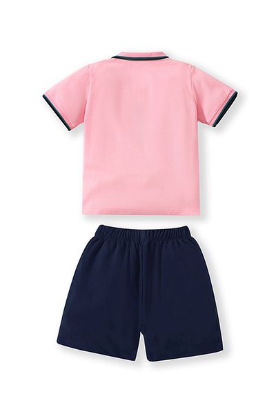 SAPS SAPS Car Print Polo Shirt & Solid Shorts Set - Pink & Blue