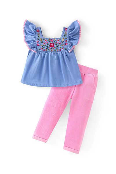Babyhug Babyhug 100% Cotton Knit Full Sleeves With Top & Leggings Floral Embroidery - Purple & Pink