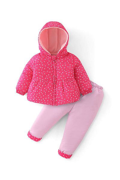 Babyhug Babyhug Full Sleeves Winter Wear Hooded Padded Jacket & Lounge Pant Polka Dot Print - Pink