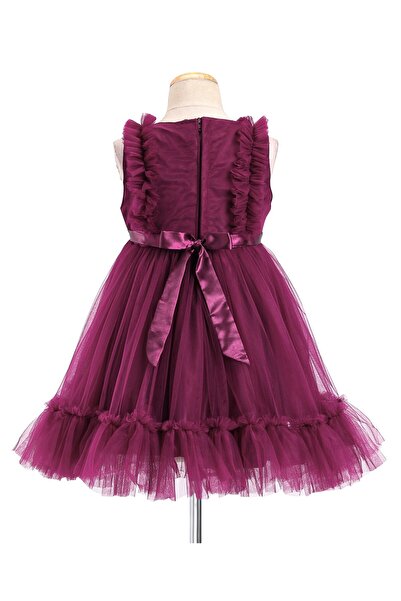 Babyhug Babyhug Sleeveless Mesh Party Frock with Frill Detailing & Bow Applique - Aubergine