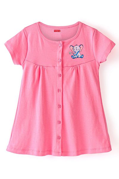 Babyhug Babyhug 100% Cotton Knit Hlaf Sleeves Frock with Bloomer Elephant Print - Pink