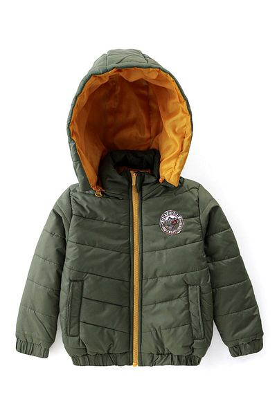 Babyhug Babyhug Woven Full Sleeves Solid Color Padded Hooded Jacket - Olive Green & Mustard