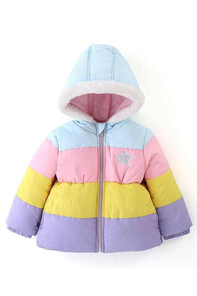 Babyhug Babyhug Full Sleeves Woven Hoodie Star Patch - Purple Yellow & Blue
