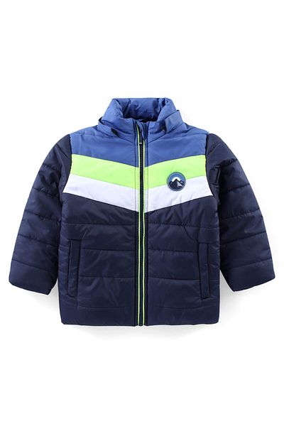 Babyhug Babyhug Woven Full Sleeves Solid Jacket with Detachable Hood & Mountain Patch - Navy Blue