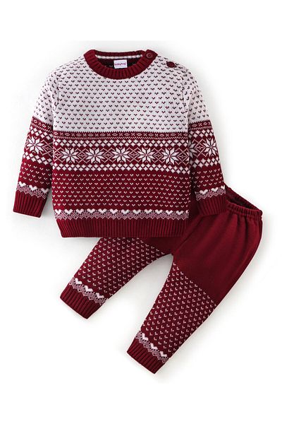 Babyhug %100 Akrilik Örme Uzun Kollu Kazak Takımı Damask Desen - بوردو