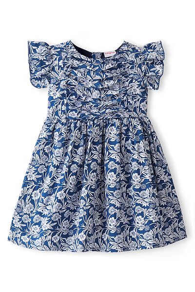 Babyhug Babyhug 100% Cotton Woven Half Sleeves Frock With Floral Print - Navy Blue