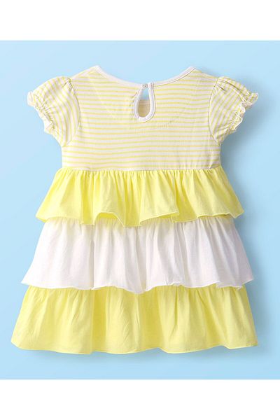 Babyhug Babyhug Cotton Knit Cap Sleeves Frilled Layered Frock with Floral Corsage - Yellow