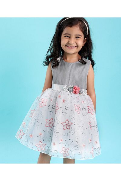Babyhug Babyhug Sleeveless Party Frock with Floral Embroidery - Grey