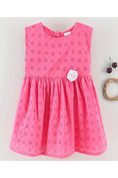 Babyhug Babyhug Sleeveless 100% Cotton Hakoba Frock With Flower Applique - Pink