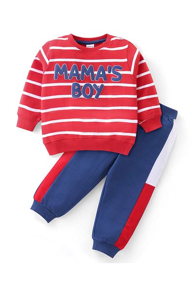 Babyhug Babyhug Cotton Knit Full Sleeves Striped T-Shirt & Lounge Pants Set With Text Print - Red & Blue