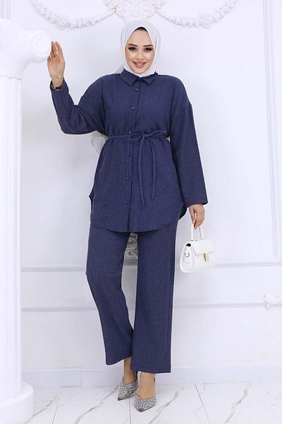 benguen Navy Blue Double Suit - Waist Belted and Wrapped 2193