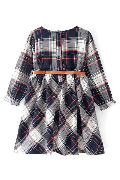 Babyhug Babyhug Woven Full Sleeves Yarn Dyed Checkered Frock With Floral Embroidery & Belt - Navy Blue