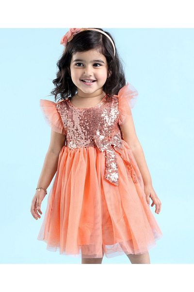 Babyhug Babyhug Flutter Sleeves Sequinned Party Frock with Bow Applique - Peach
