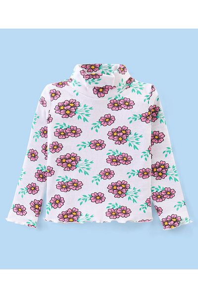 Babyhug Babyhug Floral Printed Turtle Neck Top and Loose Fit Lounge Pants Set - White and Pink