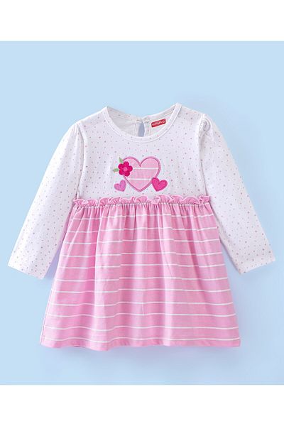 Babyhug Babyhug 100% Cotton Single Jersey Knit Full Sleeve Striped Frock With Bloomer Heart Embroidery-Pink