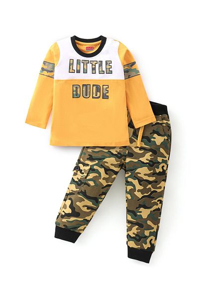 Babyhug Babyhug 100% Cotton Full Sleeves Text Printed T-Shirt & Camouflage Lounge Pant Set - Yellow & Green