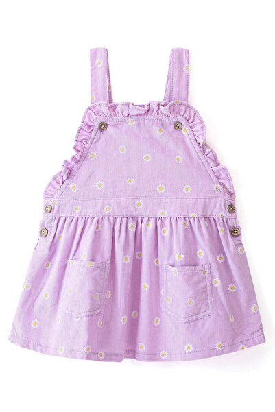 Babyhug Babyhug Cordrouy Frock With Half Sleeves Striped Inner Tee Floral Print- White & Lilac