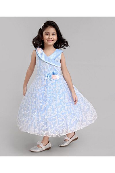 Babyhug Babyhug Sleeveless Party Wear Dress Floral Appliques - Frozen Blue