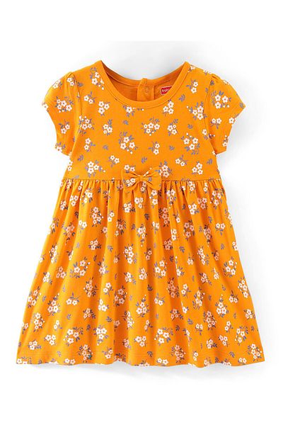 Babyhug Babyhug Cotton Knit Half Sleeves Floral Print Frock with Bloomer & Headband - Yellow