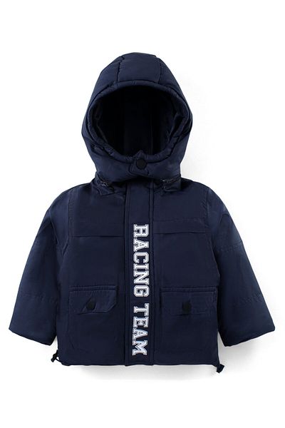 Babyhug Babyhug Woven Full Sleeves Solid Jacket with Detachable Hood & Text Print - Navy Blue