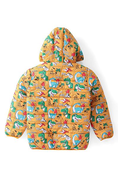 Babyhug Babyhug Woven Full Sleeves Padded Hoodie with Dino Print - Mustard