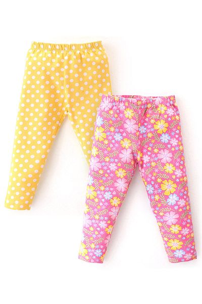 Babyhug Babyhug Cotton Lycra Knit Full Length Leggings With Strech Floral Print Pack of 2 - Pink & Yellow
