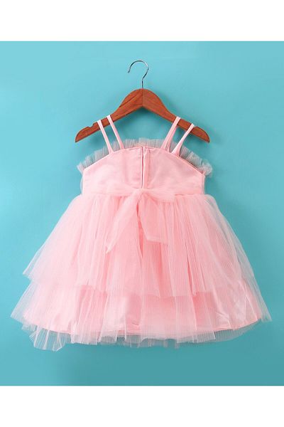 Babyhug Babyhug Sleeveless Pleated Net Party Frock with Floral Applique - Peach