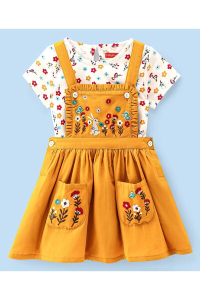 Babyhug فستان بيبي هاج منسوج من القطن بنسبة 100% مع تي شيرت داخلي بأكمام نصفي...