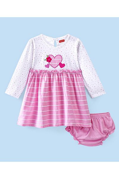 Babyhug Babyhug 100% Cotton Single Jersey Knit Full Sleeve Striped Frock With Bloomer Heart Embroidery-Pink