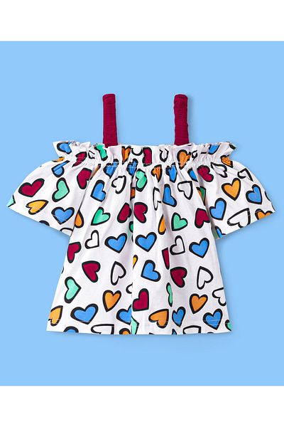 Ollington St. Ollington St. 100% Cotton Off Shoulder Heart Printed Top & Knit Paperbag Shorts Set - White & Red