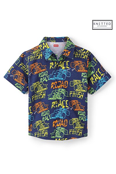 Babyhug Babyhug Cotton Knit Half Sleeves Regular Collar Shirt Race Car Printed - Navy Blue