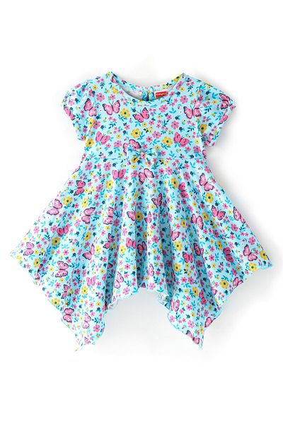 Babyhug Babyhug 100% Cotton Knit Half Sleeves Dress With Handkerchief Floral Print Hem- Mint Blue