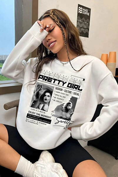 FECCY Βαμβακερό Unisex Λευκό Φούτερ με στάμπα Pretty Girl με λαιμόκοψη Crew N...