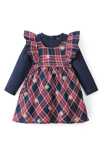 Babyhug Babyhug Yarn Dyed Full Sleeves Inner Tee with Dress with Checks & Floral Embroidery - Navy Blue