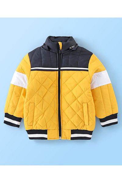 Babyhug Babyhug Full Sleeves Padded Winter Jacket With Hood & Color Block Design - Yellow & Navy