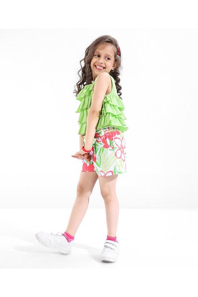 Ollington St. Ollington St. 100% Cotton Flared Layered Sleeveless Top & Floral Printed Shorts Set - Green