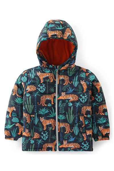 Babyhug Babyhug Woven Full Sleeves Front Open Padded Hooded Jacket with Tiger Print & Pockets - Green