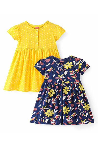 Babyhug Babyhug Cotton Knit Short Sleeves Frocks Floral & Polka Dots Print Pack of 2 - Multicolor