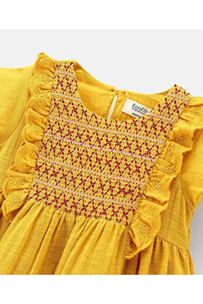 Bonfino Bonfino Cotton Viscose Half Sleeves Embroidered Frock - Yellow