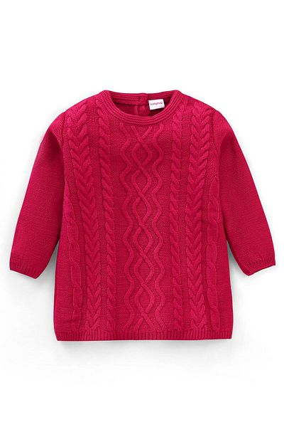 Babyhug Babyhug 100% Acrylic Full Sleeves  Woollen Dress Cable Knit Design - Fushia