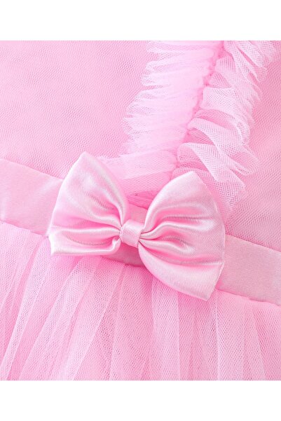 Babyhug Babyhug Sleeveless Mesh Party Frock with Bow Applique - Pink