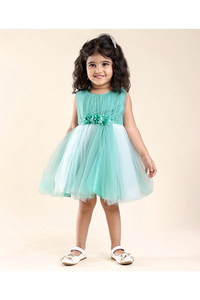 Babyhug Babyhug Sleeveless Mesh Party Frock with Floral Applique - Blue