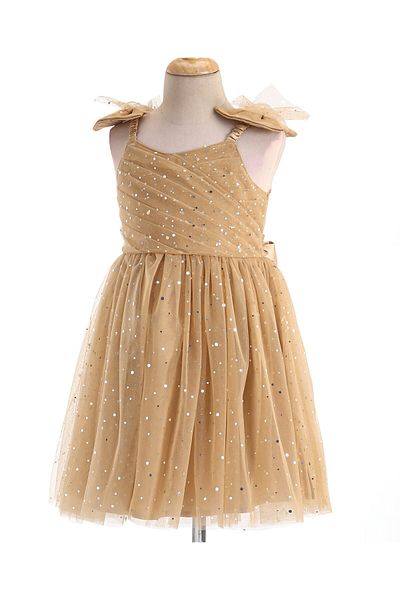Babyhug Babyhug Woven Sleeveless Party Frock With All Over Stick Ons - Beige