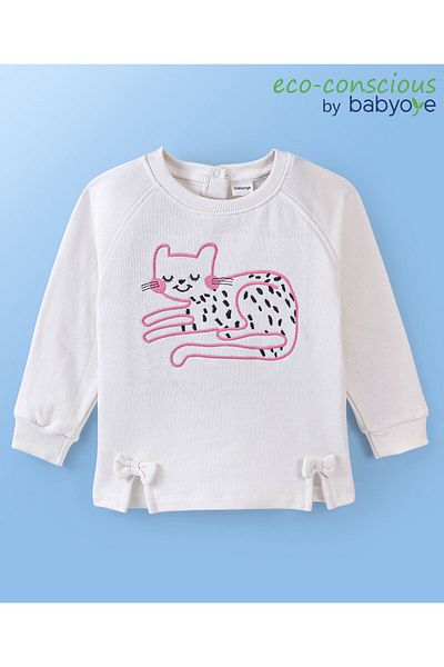 Babyoye Babyoye Eco Conscious Cotton Full Sleeves Sweatshirt With Kitty Embroidery - White